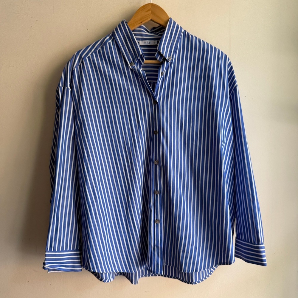 Náti Striped Button Down Oversized Long Sleeve Shirt Blue White Small Excellent